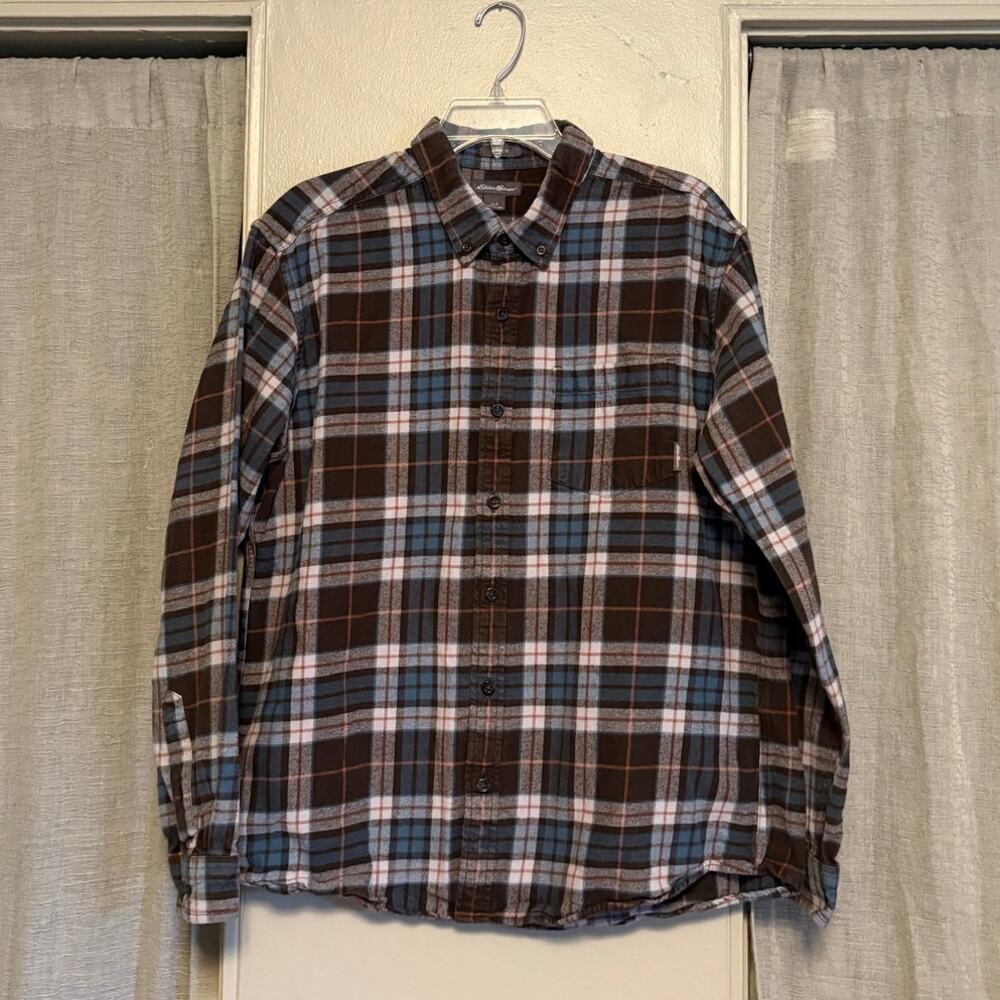 Eddie Bauer Plaid Flannel Shirt | L | Brown & Blue | Classic Fit